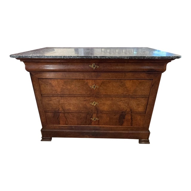 19th Century Louis Philippe Burl Walnut Marble Top Chest of Drawer / Commodes For Sale