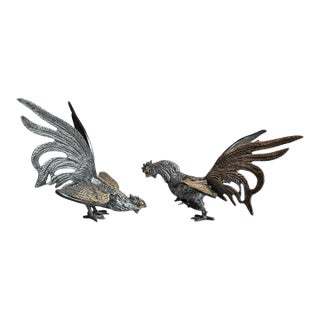 Mid 20th Century Iberian Silvered Brass Fighting Cockerels For Sale