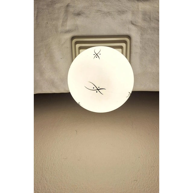 1950s Mid-Century Modern Ceiling Lamp with Stepped Cream-White Bakelite Base and White Glass Shade with Hand-Painted Black Decor by Niko, 1950s For Sale - Image 5 of 8