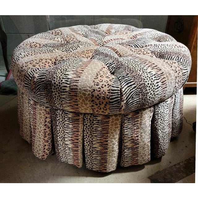 Custom Animal Print Tufted Skirted Ottoman Cocktail Table With Matching Pillow For Sale In Raleigh - Image 6 of 8