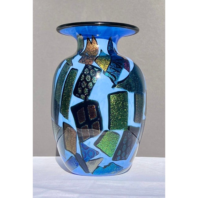 Mad Art Studio Handblown Azure Blue & Dichroic Mosaic Vase For Sale - Image 10 of 12