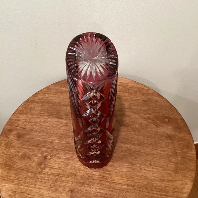 Glass Vintag Crystal Cranberry Cut to Clear Vase For Sale - Image 7 of 13