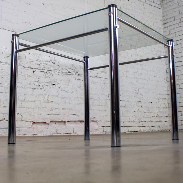 1970’s Modern Square End or Side Table by James David Cylindrical Chrome Tube Frame & Glass Top For Sale - Image 18 of 18
