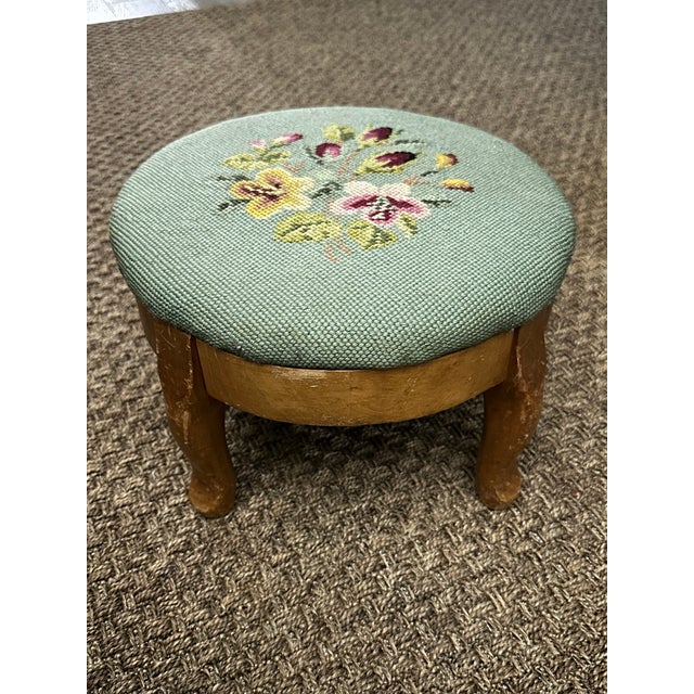 Vintage Mid 20th Century Small Wooden Footstool With Needlepoint Cushion For Sale - Image 12 of 12