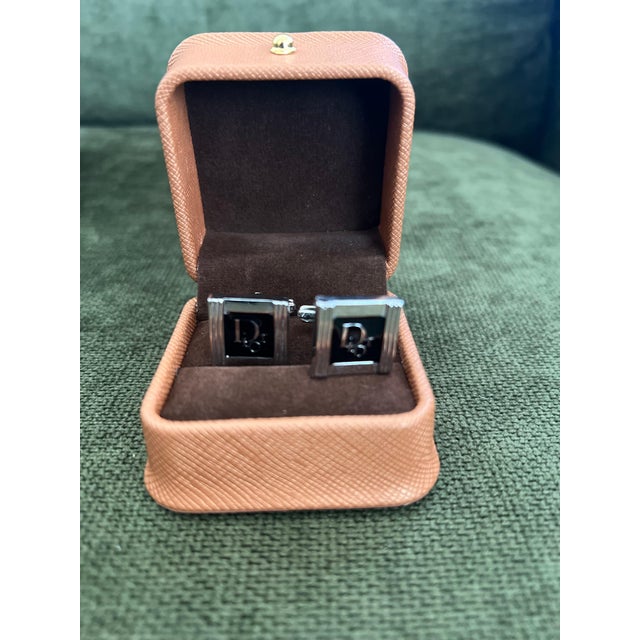 Metal Vintage Christian Dior Silver Plated Logo Cufflinks Circa 1970 In Bochic Case For Sale - Image 7 of 10