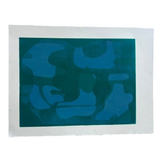 Original Blue and Green Abstract Monotype Artwork, Unframed For Sale