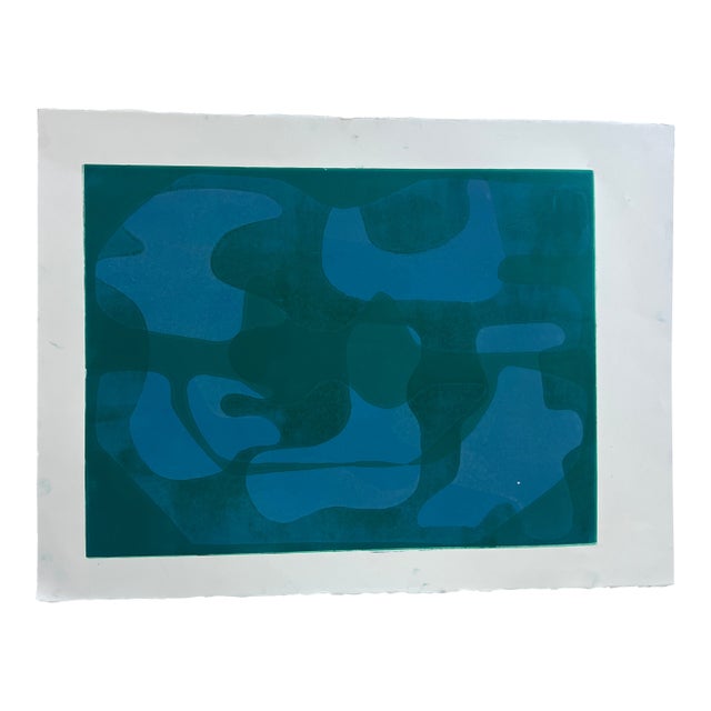 Original Blue and Green Abstract Monotype Artwork, Unframed For Sale