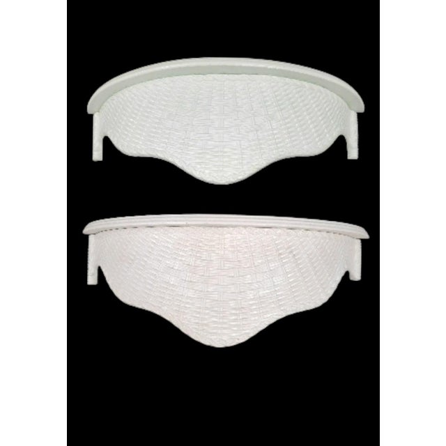 1970s Vintage White Basket Weave LargePalm Beach Regency Style Wall Shelfs- A Pair For Sale - Image 5 of 10