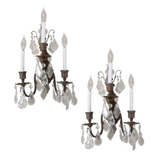Late Victorian Italian Cut Crystal Bronze Wall Sconces - Set of 2 For Sale