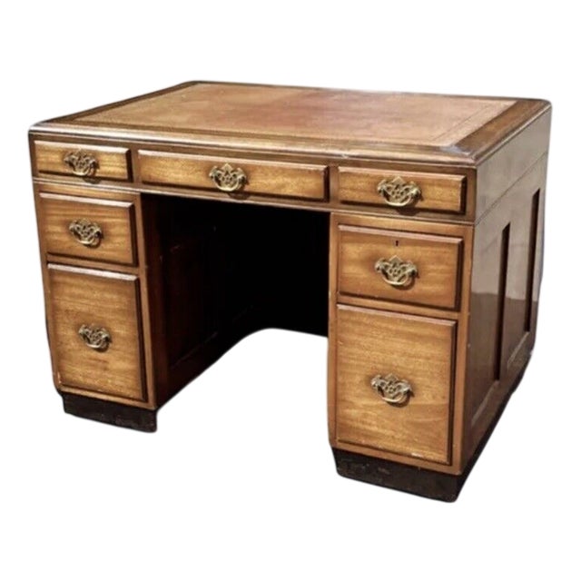 Mahogany Desk with Brass Handles, Panelled Sides and Rear For Sale