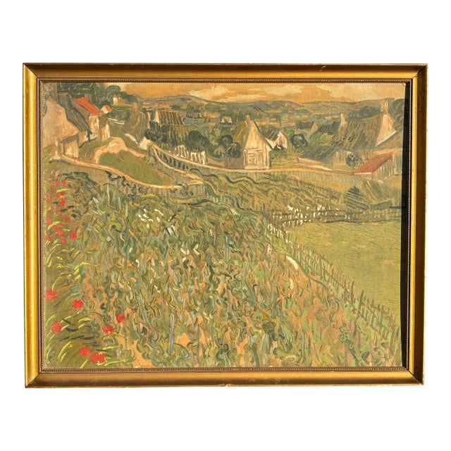 Early 20th C. Village Landscape Print on Board - In the Impressionist Style For Sale