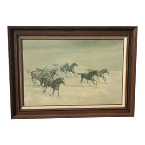 Large 32" X44" Vintage Picture of Horses Galloping Oil on Canvas Signed