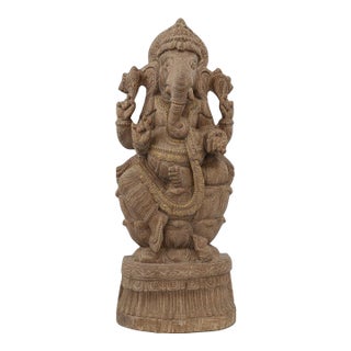 Solid Wood Hand Carved 35 In. Tall Ganesha Statue in Distressed White Finish For Sale