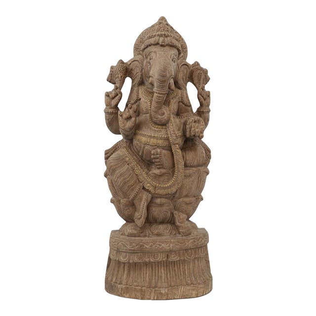 Solid Wood Hand Carved 35 In. Tall Ganesha Statue in Distressed White Finish For Sale
