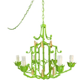 Vintage Chinoiserie Chinese Pagoda Tole Faux Bamboo Six Light Chandelier For Sale