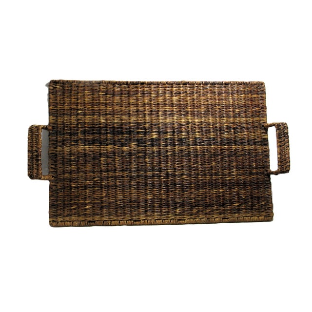 Vintage Rattan Wicker Serving Tray 22" X 13" Handles + Footed For Sale - Image 4 of 11