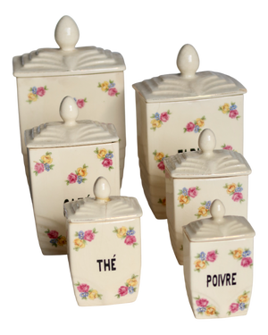 Vintage Earthenware Spice Jars with Floral Fruit Pattern, 1950s, Set of 6