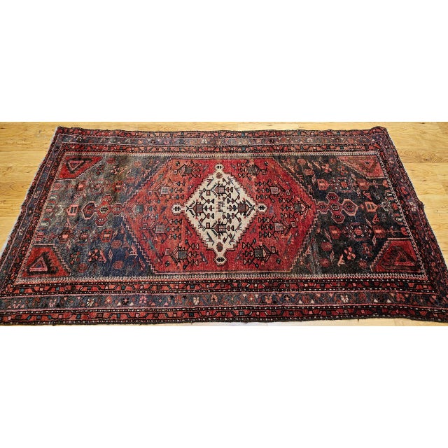 Vintage Persian Hamadan Rug, Hand-Knotted Wool, Geometric Medallion Pattern, Moss Green & Red, 4x7 For Sale - Image 12 of 18