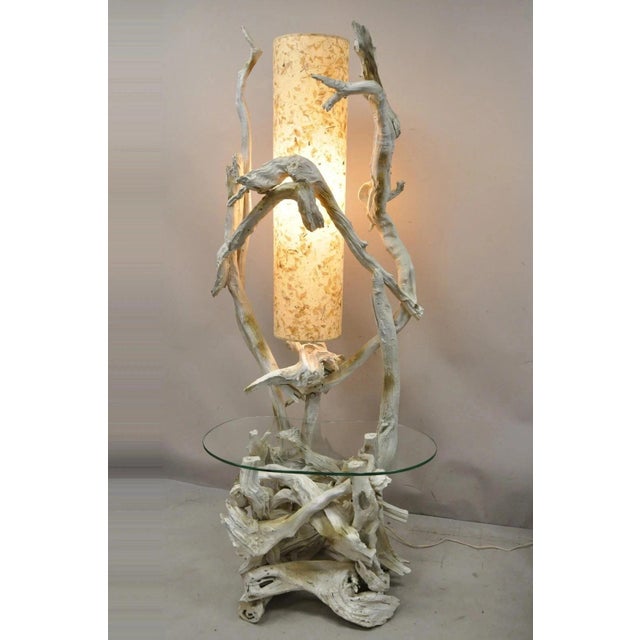 Vintage Mid Century Modern White Driftwood Kidney Glass Side Table Floor Lamp. Item features an impressive driftwood...