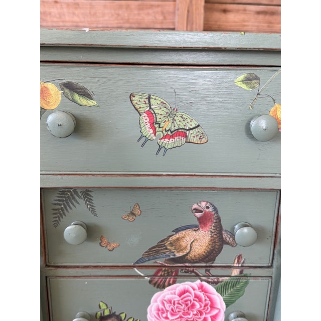 Custom Painted Tropical Decoupage Appliqué Four Drawer Chest For Sale - Image 4 of 12