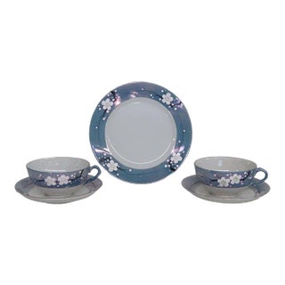 Lusterware Japan Porcelain Hand Painted Blue Cherry Blossom 5 Pc Tea Set For Sale