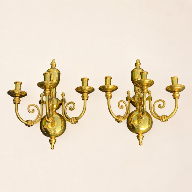 Beautiful pair of antique French gilt gold three branch wall sconces in wonderful original condition with all the...