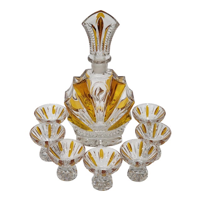 Mid-Century Bohemian Liquor Decanter With Top and Matching Shot Glasses- 7 Pieces For Sale