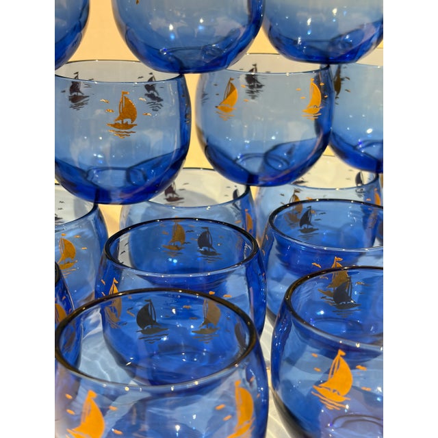 American Vintage Hazel Atlas Light Royal Cobalt Blue Cocktail Glasses With Sailboat Roly Poly - Set of 18 For Sale - Image 3 of 7