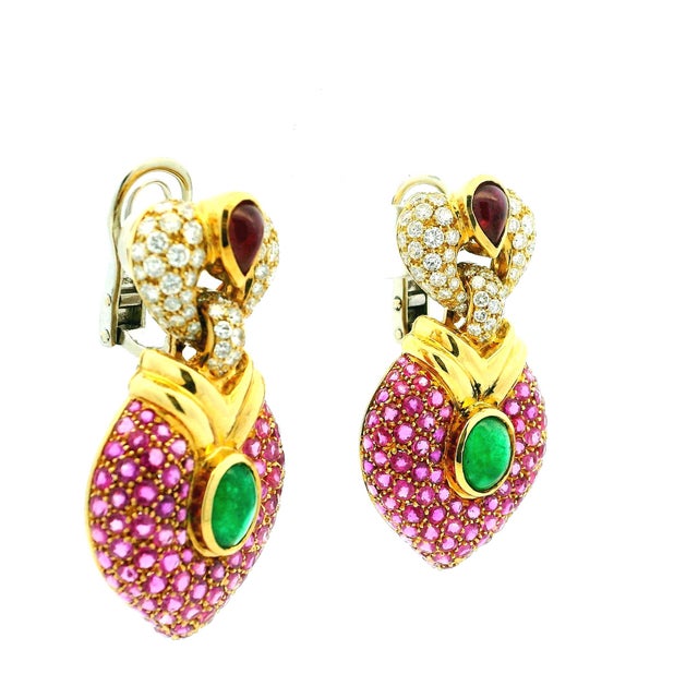 Vintage 1980s 18k Gold Ruby Emerald & Diamond Drop Earrings, Pair For Sale - Image 4 of 11