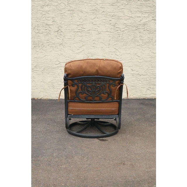 Cast Aluminum Pair Of Outdoor Swivel Lounge Chairs With Cushions For Sale - Image 17 of 18