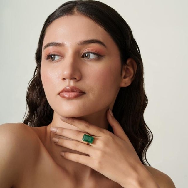 Not Yet Made - Made To Order 12.59 Ct Emerald Solitaire Contemporary Cocktail Ring Size 5 by VRJewels in 18k Yellow Gold For Sale - Image 5 of 15