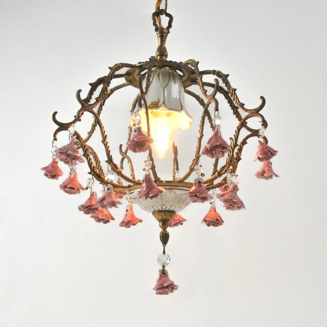 Vintage Petite European Brass and Ceramic Rose Chandelier For Sale - Image 4 of 14