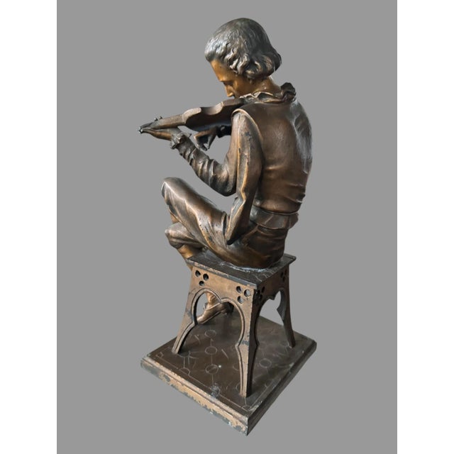 Victorian Antique Victorian Cast Metal 12.5" Figural Statue Sculpture Violin Player For Sale - Image 3 of 12