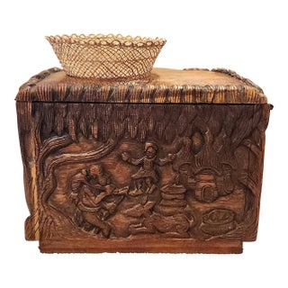 Mid 20th Century Hand-Carved Wooden Keepsake Trunk – Vintage Figural Scene, Boho Decor For Sale