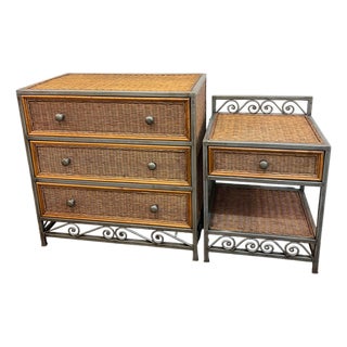 1990s Wicker Rattan Metal Frame Dresser and Night Stand Coastal, 2 Pieces For Sale