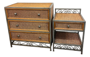 1990s Wicker Rattan Metal Frame Dresser and Night Stand Coastal, 2 Pieces
