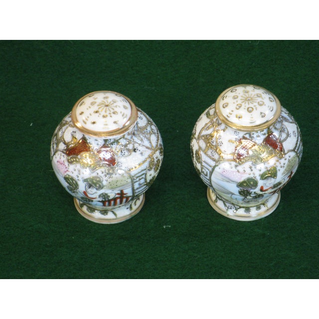 Japanese Antique Salt & Pepper Shakers Satsuma Porcelain Gold Beaded Very Ornate For Sale - Image 3 of 12
