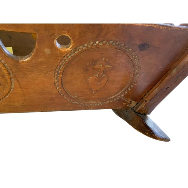 Rare Antique 19th C European Folk Art Rocking Cradle Hand Carved Wood Catholic Iconography and Monogram For Sale - Image 9 of 10