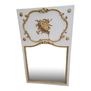 Antique Louis XVI Style Carved Gold Gilded & White Painted French Trumeau Wall Mirror