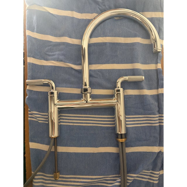Beautiful arched bridge faucet with side spray, custom from California Faucets with knurling detail. Open box. Like new...