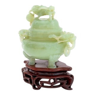 Chinese Carved Jade Foo Dog Covered Tripod Censer For Sale