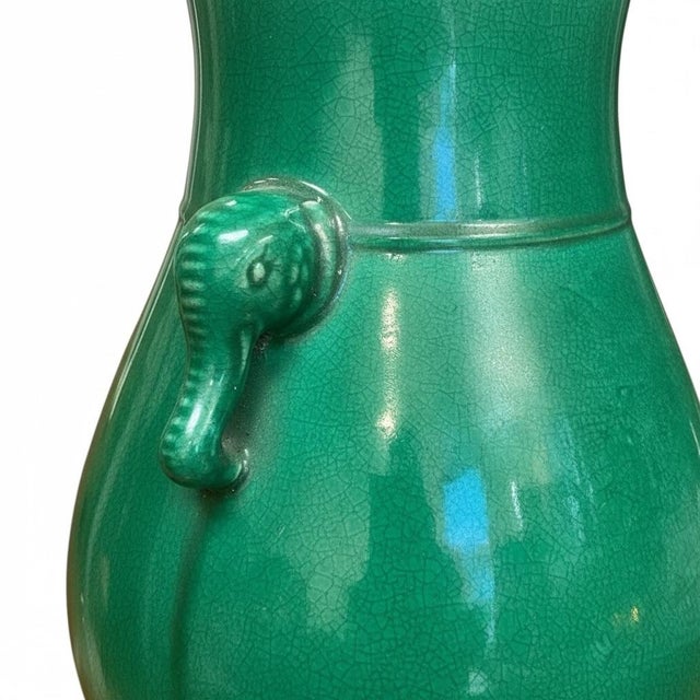 Chinese Export Apple Green Crackle Glaze Elephant Mask Handles Pottery Vase Kangxi Mark For Sale - Image 4 of 5