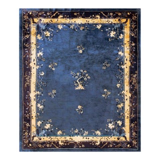 Classic Royal Blue Background Color With Splendid Floral Design Antique Chinese Peking Rug For Sale