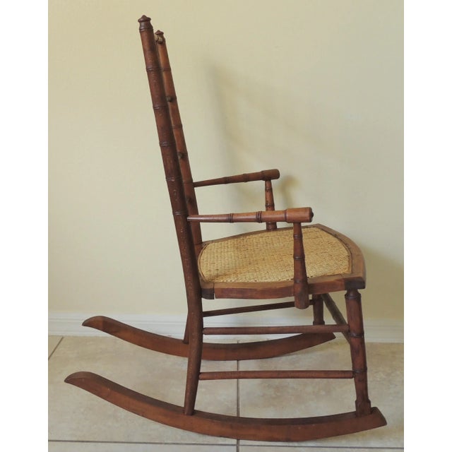 Antique Early 20th Century Rj Horner Faux Bamboo Wood Wicker Seat Child's Rocking Chair For Sale - Image 9 of 11
