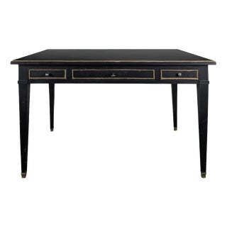 Large Louis XVI Flat Desk in Black Lacquered and Gold Trim For Sale