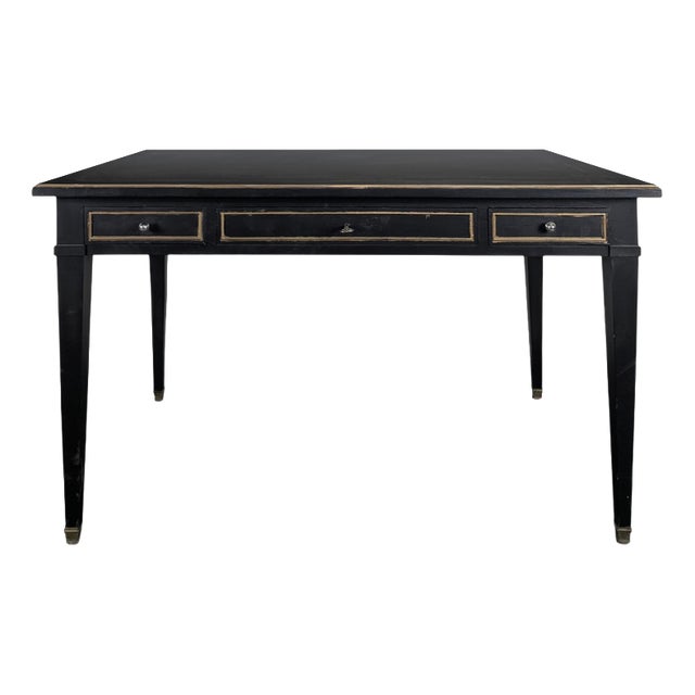 Large Louis XVI Flat Desk in Black Lacquered and Gold Trim For Sale