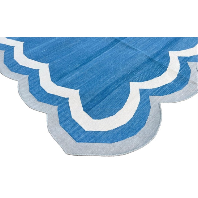 Not Yet Made - Made To Order Not Yet Made - Made to Order Handmade Cotton Reversible 4 Sided Scalloped Edge Rug Blue With Cream and Grey Border - 12'x15' For Sale - Image 5 of 11