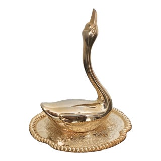 Diminutive Mid 20th-Century Brass Swan on a Dish Ring Holder, Hong Kong For Sale