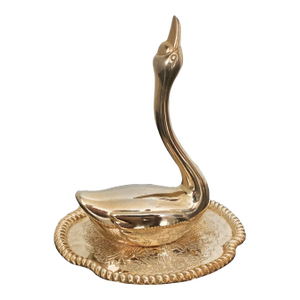 Diminutive Mid 20th-Century Brass Swan on a Dish Ring Holder, Hong Kong
