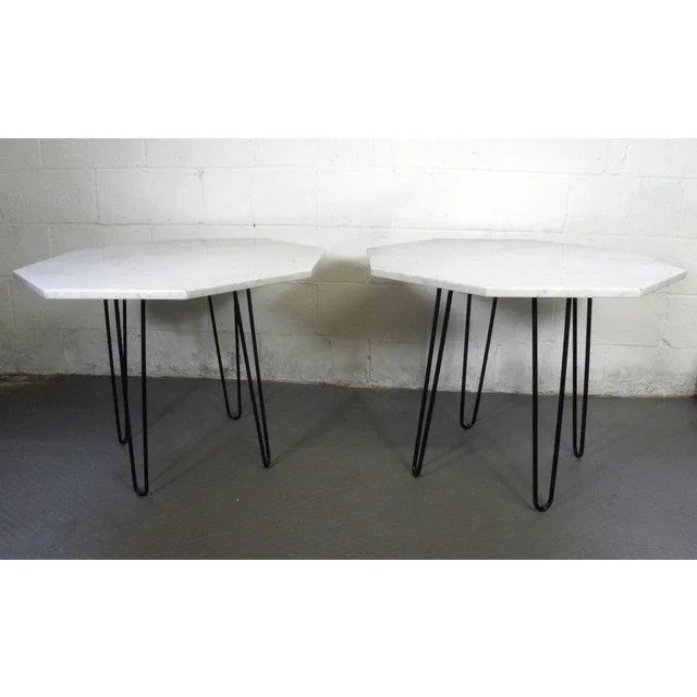 Vintage mid-century set of 2 white marble octagon end tables with hairpin legs. (141A, 141B) Wow, we love the way the...